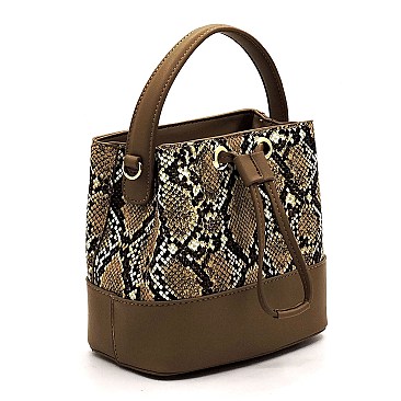 Medium Snake Print Drawstring Satchel Shoulder Bag