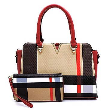 2-in-1 Plaid Check Tartan V Accent Satchel & Wallet Set