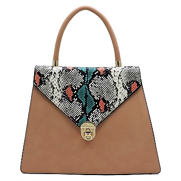 2-Way Multi-Color Snake Print Flap Satchel