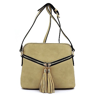 Asymmetrical Zipper Tassel Accent Cross Body