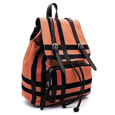 Plaid Check Linen Drawstring Backpack