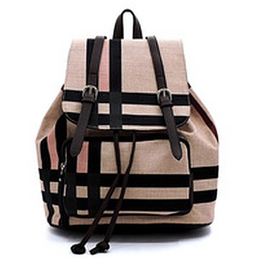 Plaid Check Linen Drawstring Backpack