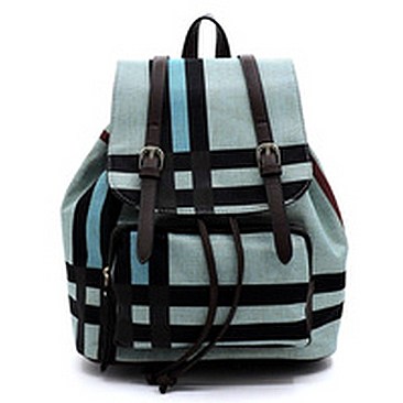 Plaid Check Linen Drawstring Backpack