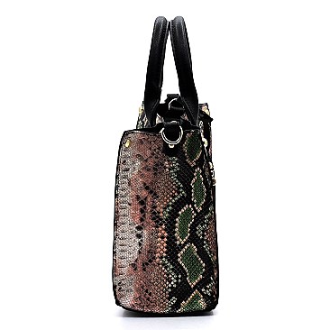 2 in 1 Multi-Color Snake Print Turn-Lock Accent Medium Satchel