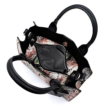 2 in 1 Multi-Color Snake Print Turn-Lock Accent Medium Satchel