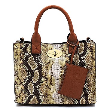 2 in 1 Multi-Color Snake Print Turn-Lock Accent Medium Satchel