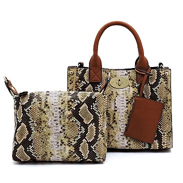 2 in 1 Multi-Color Snake Print Turn-Lock Accent Medium Satchel