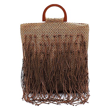 Straw Fringe Wooden Top Handle Tote