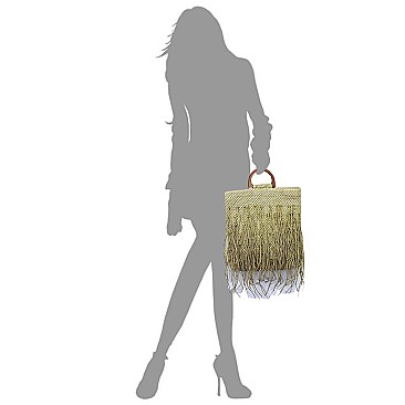 Straw Fringe Wooden Top Handle Tote