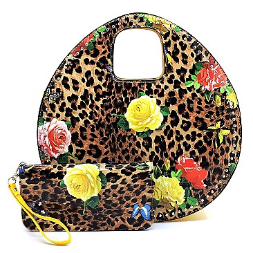Glossy Leopard Flower Printed 2-in-1 Satchel & Wallet Set