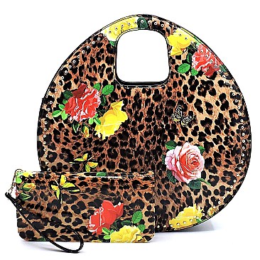 Glossy Leopard Flower Printed 2-in-1 Satchel & Wallet Set