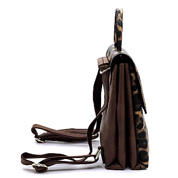 Leopard Twist Lock Flap Convertible Backpack