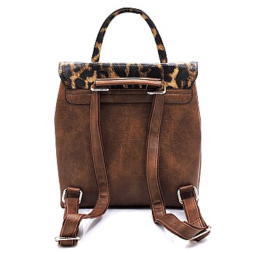Leopard Twist Lock Flap Convertible Backpack