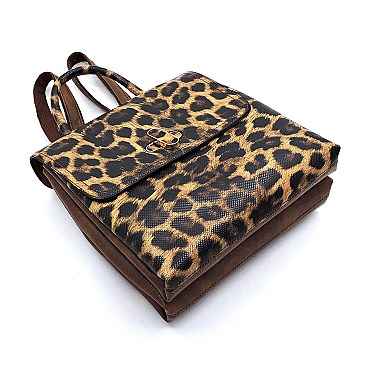 Leopard Twist Lock Flap Convertible Backpack