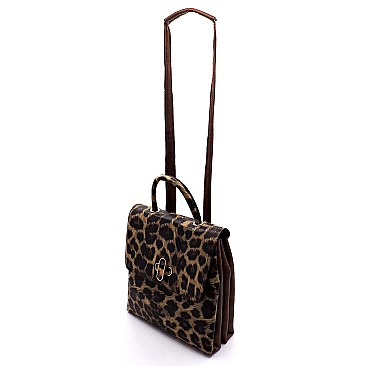 Leopard Twist Lock Flap Convertible Backpack