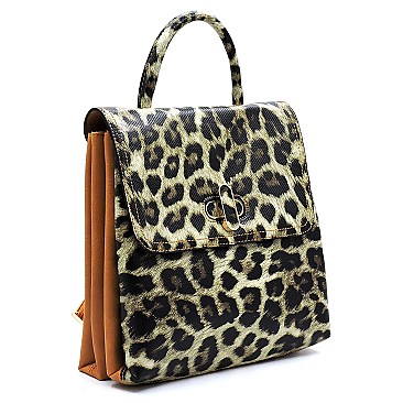 Leopard Twist Lock Flap Convertible Backpack