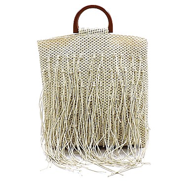 Straw Fringe Wooden Top Handle Tote