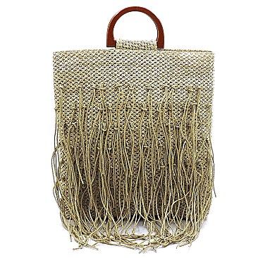 Straw Fringe Wooden Top Handle Tote