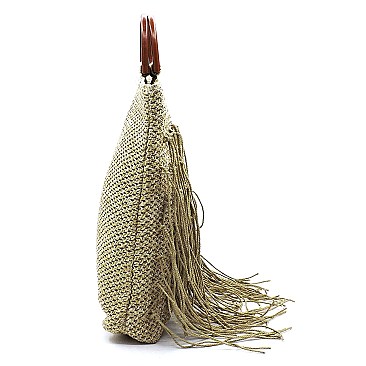Straw Fringe Wooden Top Handle Tote