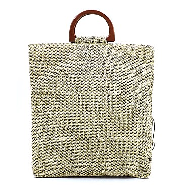 Straw Fringe Wooden Top Handle Tote