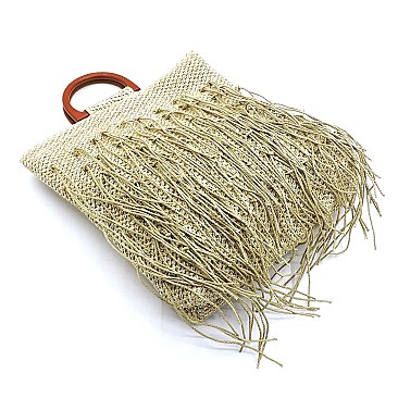Straw Fringe Wooden Top Handle Tote