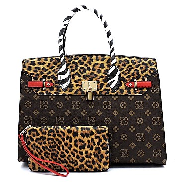 2-in-1 Leopard Zebra Monogram Padlock Satchel