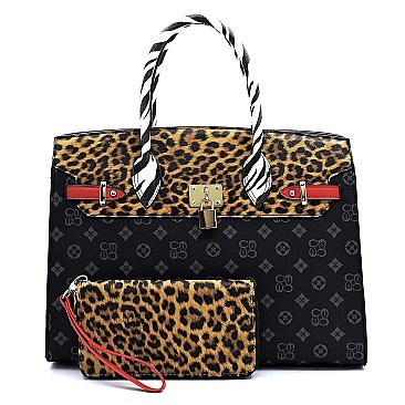 2-in-1 Leopard Zebra Monogram Padlock Satchel