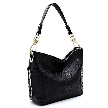 Ostrich Croc Side Zip Pocket Shoulder Bag