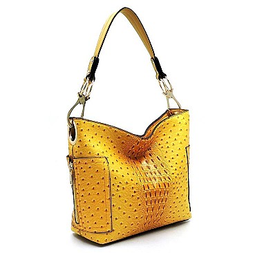 Ostrich Croc Side Zip Pocket Shoulder Bag