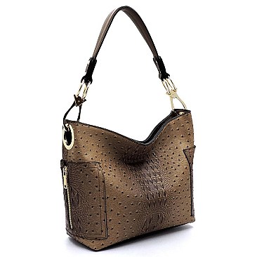 Ostrich Croc Side Zip Pocket Shoulder Bag