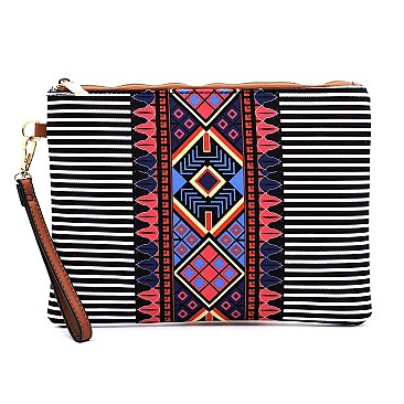 3 in 1 Aztec & Stripe Print Oversized Tote Clutch Wallet SET