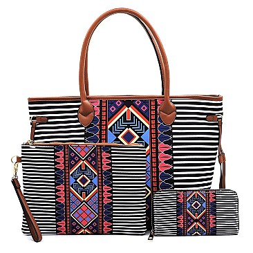3 in 1 Aztec & Stripe Print Oversized Tote Clutch Wallet SET