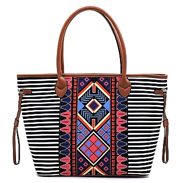 3 in 1 Aztec & Stripe Print Oversized Tote Clutch Wallet SET