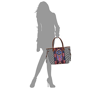 3 in 1 Aztec & Stripe Print Oversized Tote Clutch Wallet SET