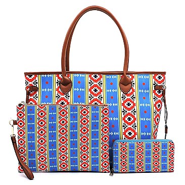 3 in 1 Aztec & Stripe Print Oversized Tote Clutch Wallet SET