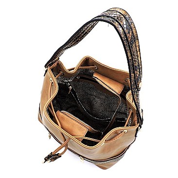 Python Snake Skin Drawstring Shoulder Bag