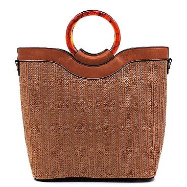 2-Way Resin Handle Accent Bamboo Straw Satchel