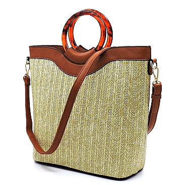 2-Way Resin Handle Accent Bamboo Straw Satchel