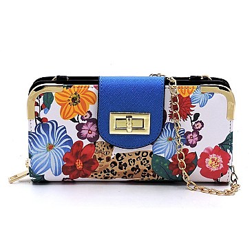 Turn Lock Flower Leopard Crossbody Wallet