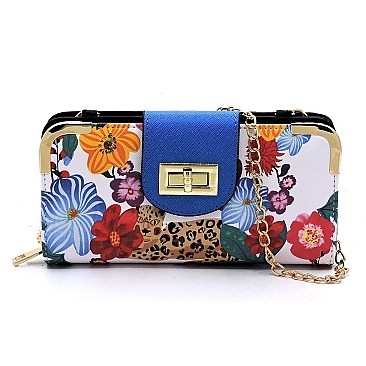 Turn Lock Flower Leopard Crossbody Wallet