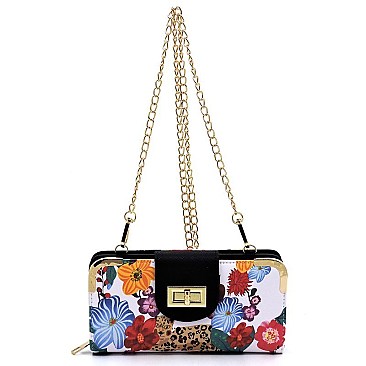 Turn Lock Flower Leopard Crossbody Wallet