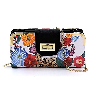 Turn Lock Flower Leopard Crossbody Wallet