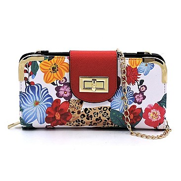 Turn Lock Flower Leopard Crossbody Wallet