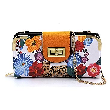 Turn Lock Flower Leopard Crossbody Wallet