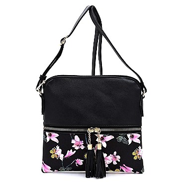 Flower Butterfly Printed Colorblock Tassel Zipper