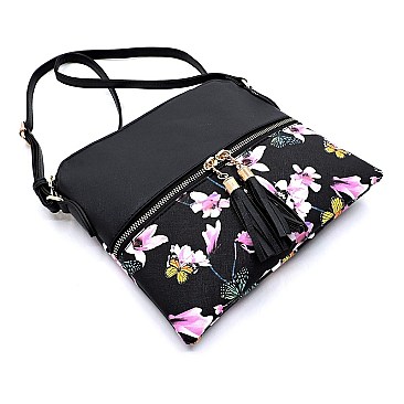 Flower Butterfly Printed Colorblock Tassel Zipper