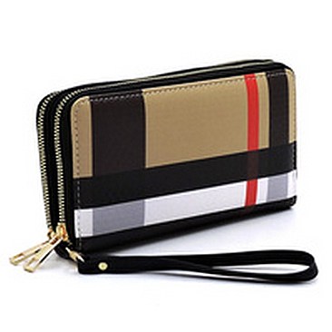 Plaid Check Double Zip Around Wallet Wristlet