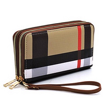 Plaid Check Double Zip Around Wallet Wristlet