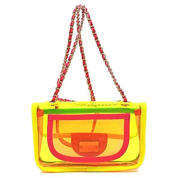 See Thru Twist Lock Neon 2-in-1 Satchel Crossbody Bag