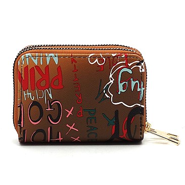 Trendy Double Zip Multi Graffiti Print Accordion Card Holder Wallet